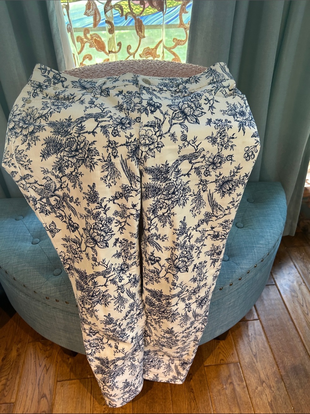 Talbots White Jeans with Navy Blue Toile Floral Print